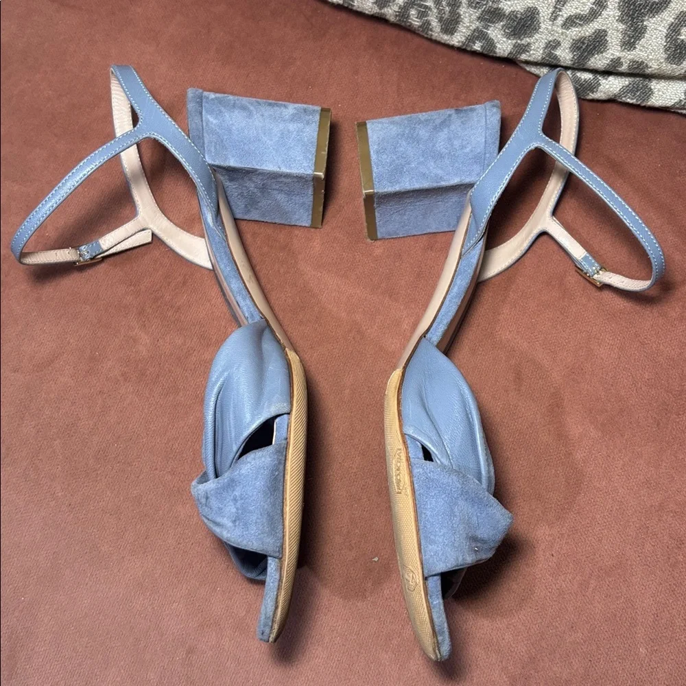 Giorgio Armani blue luxury leather/ suede strappy heeled sandals block heel 8.5